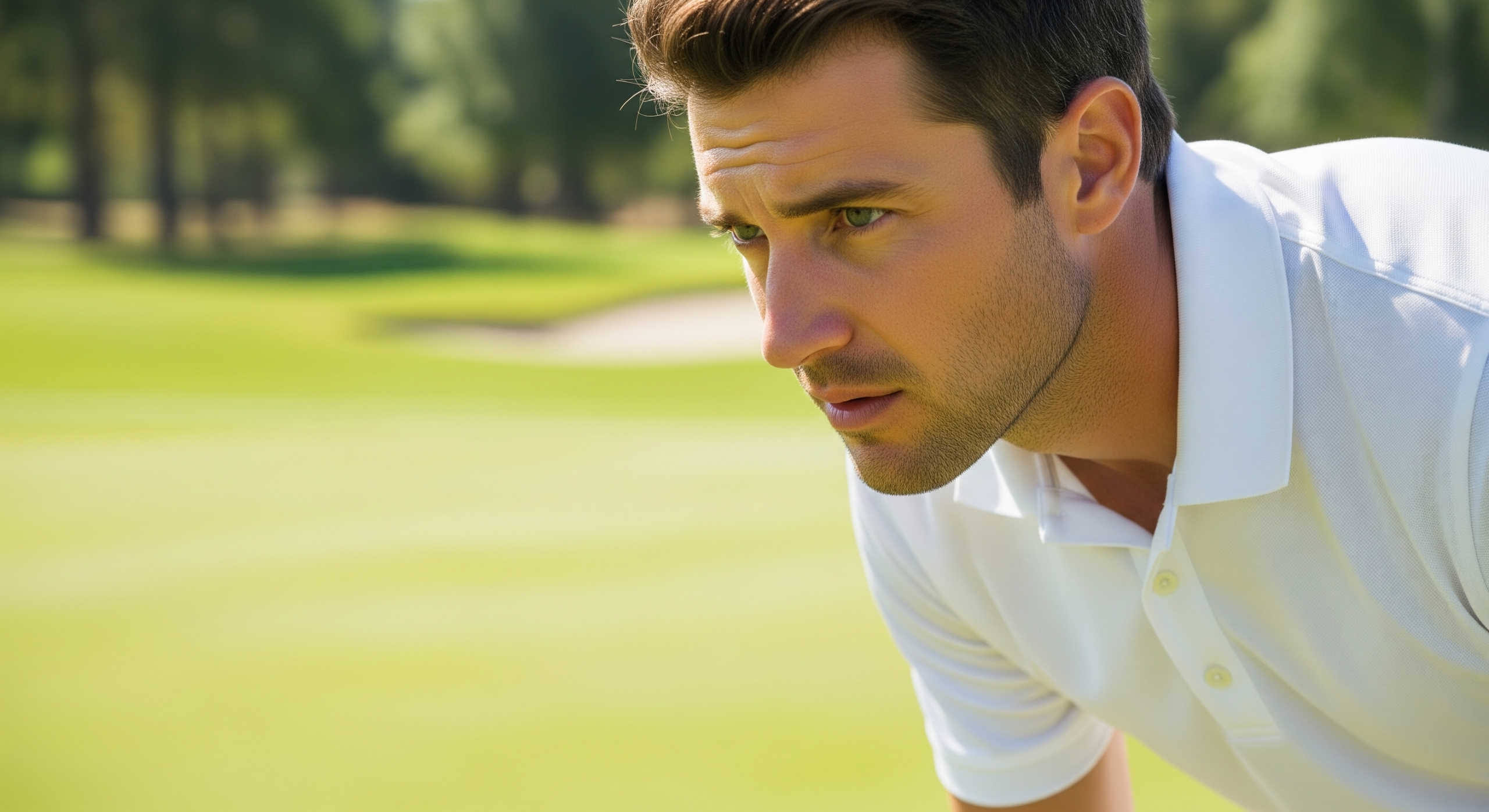 Close-up of a golfer intensely studying the green before putting.