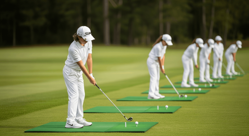 Junior golfers practicing iron shots in a structured practice line
