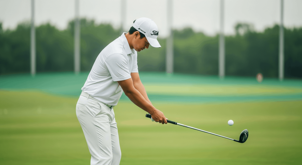 Golfer striking an iron shot on the driving range with ball in midair