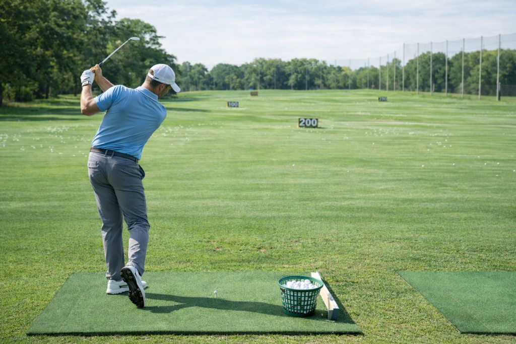 Golfer practicing swing at a driving range with distance markers