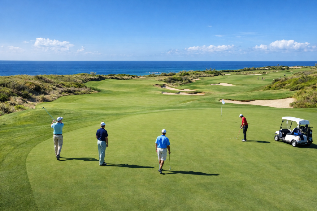 Golfers practicing on a coastal golf course with ocean view and golf cart