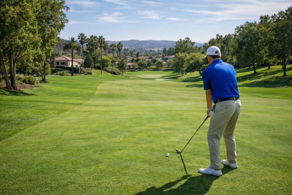 Golfer preparing to hit an iron shot from the fairway on a golf course