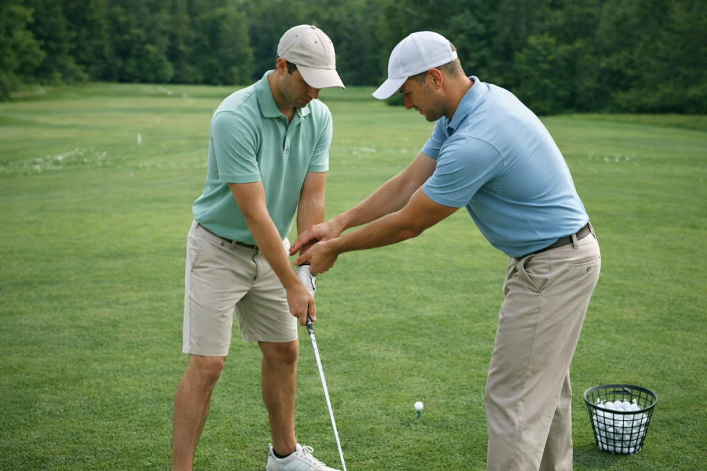 Golf instructor adjusting student grip during golf swing lesson