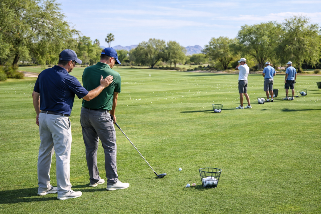 Golf instructor coaching a student on swing technique at a driving range lesson