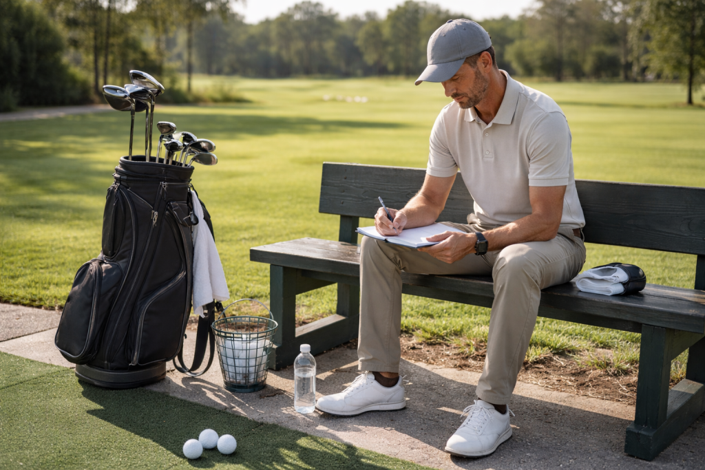 Golfer sitting on bench writing notes during golf practice session