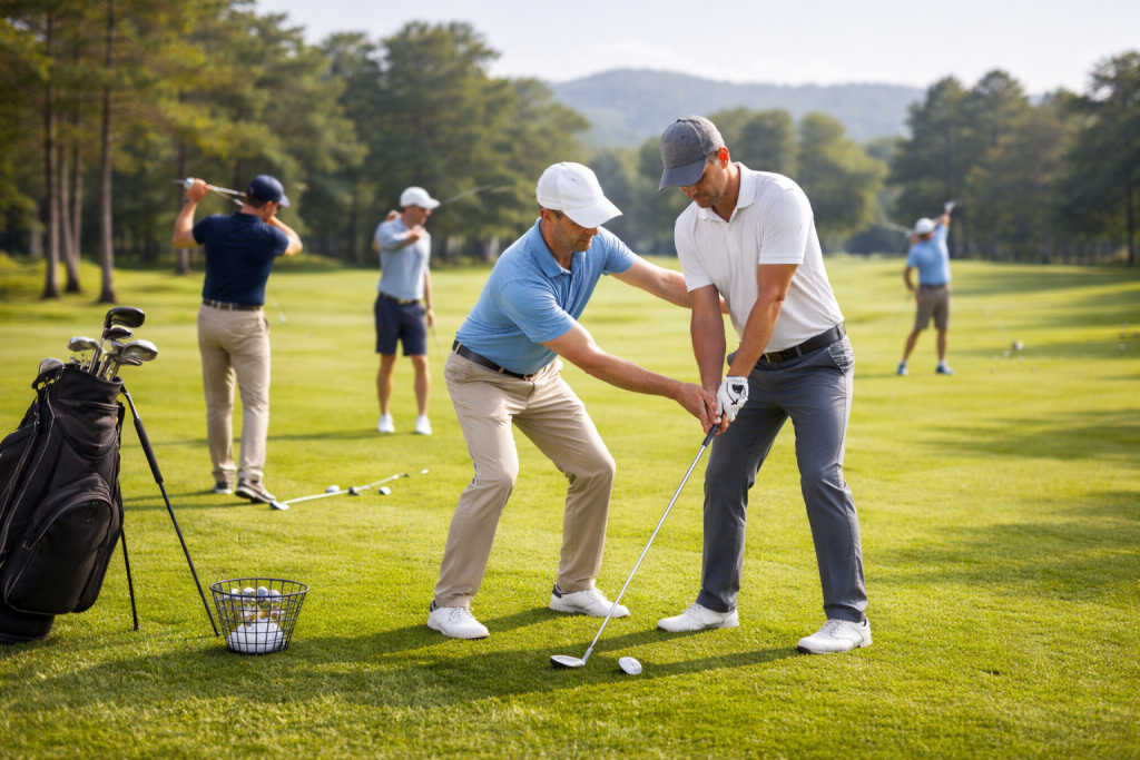 Golf instructor demonstrating proper swing grip and stance during lesson