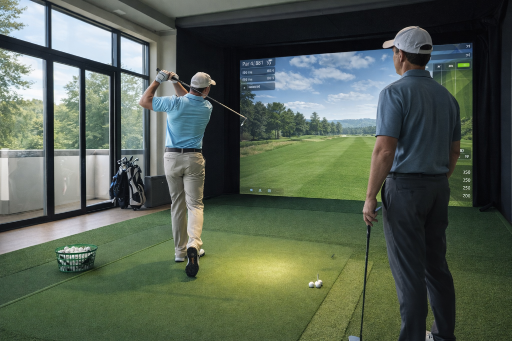 Golfer practicing swing inside an indoor golf simulator training facility