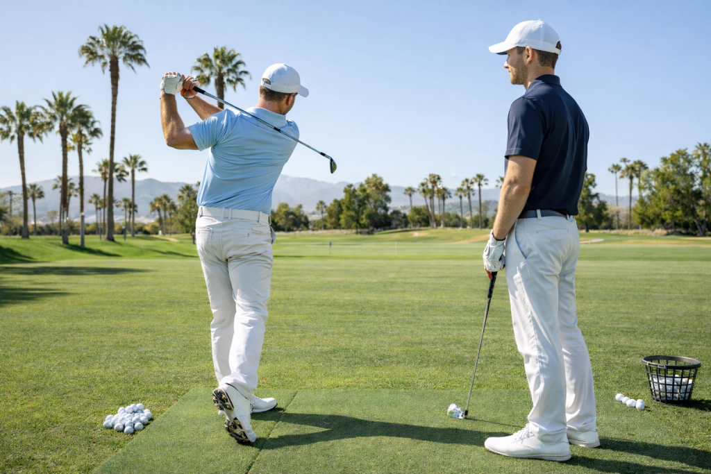 Golfer hitting an iron shot toward the green during practice