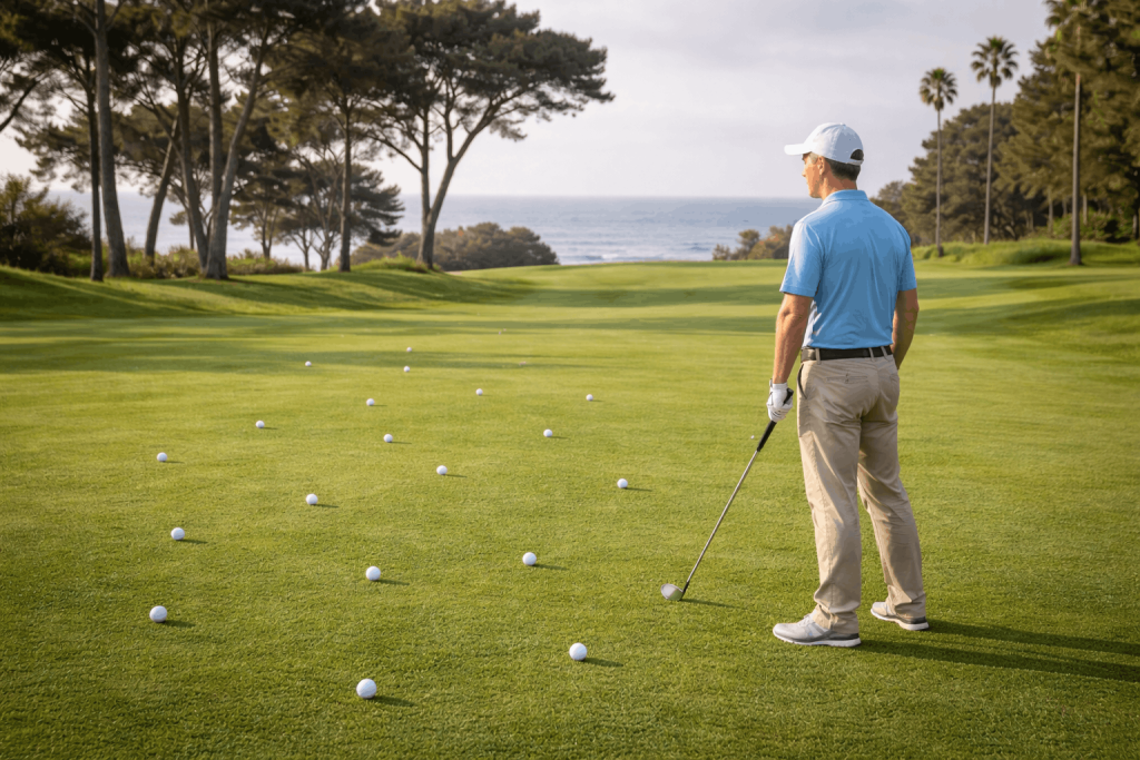 Golfer observing multiple balls arranged on fairway for practice drill