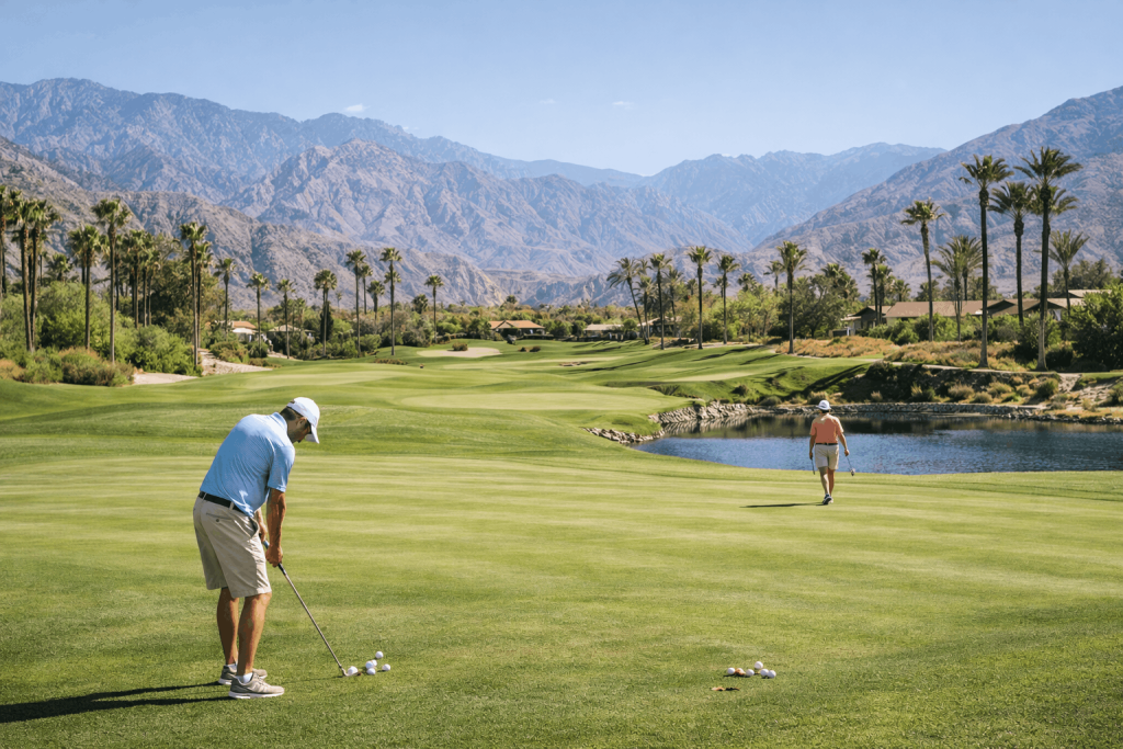 Golfers practicing shots on course with water hazard and mountain backdrop