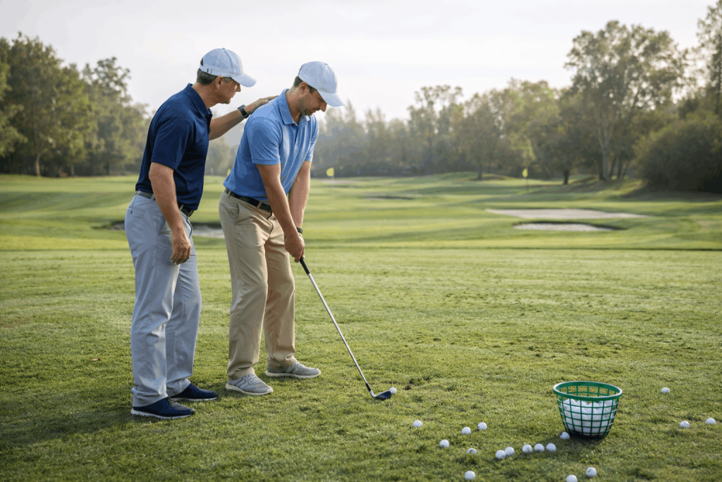 Golf coach giving swing instruction to student on practice range