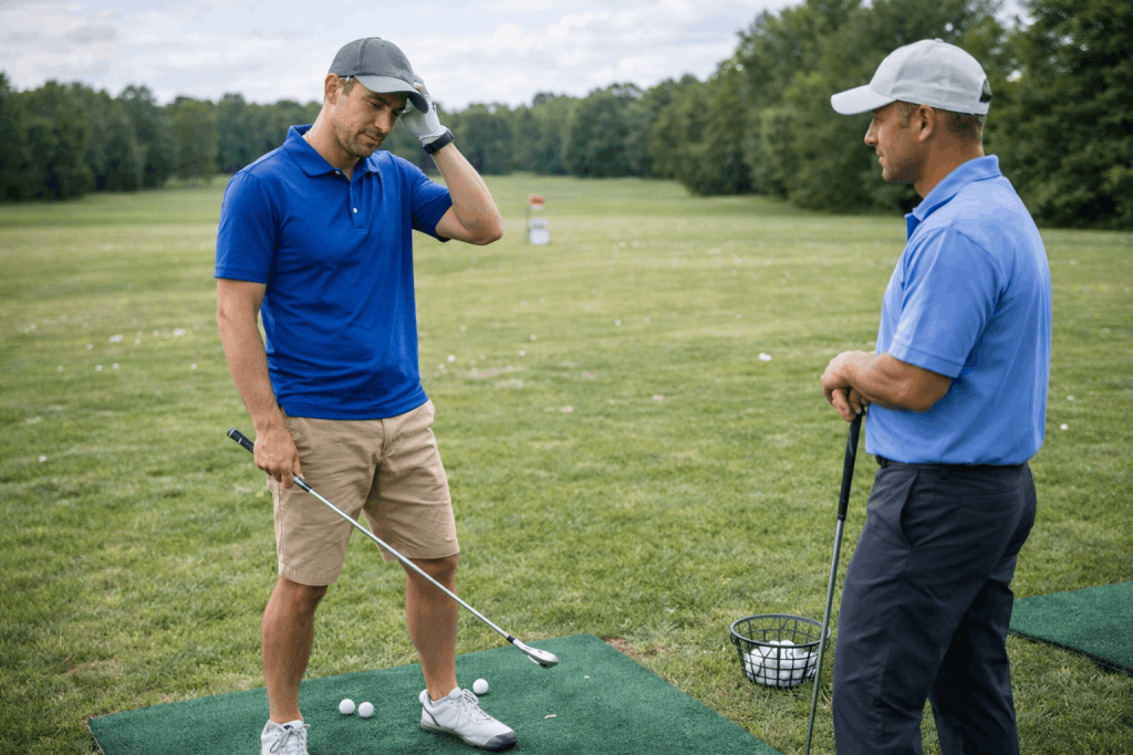Golf coach giving feedback to student holding club on practice mat