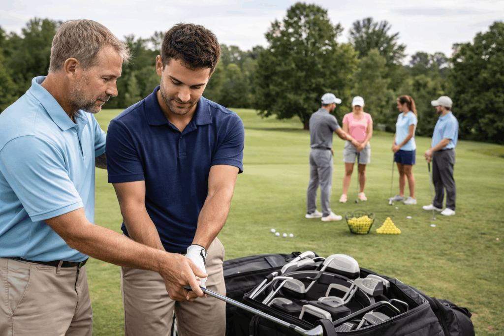 Golf instructor teaching proper grip technique with clubs and students in background