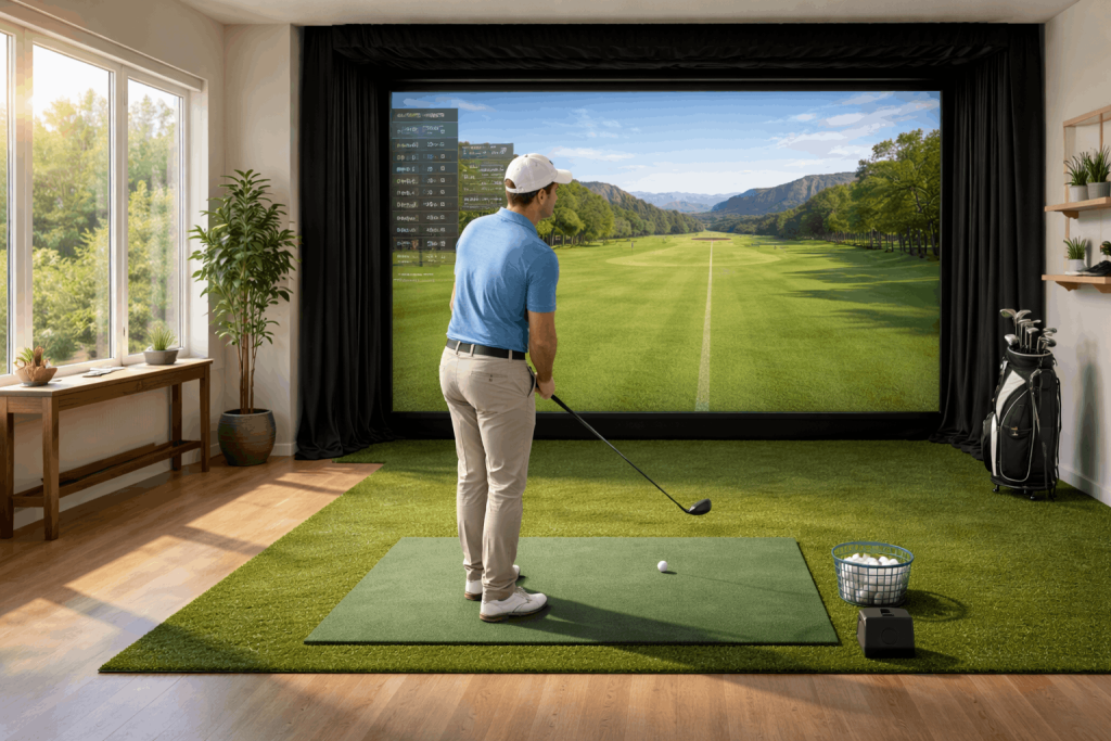 Golfer practicing swing in indoor simulator with virtual course display