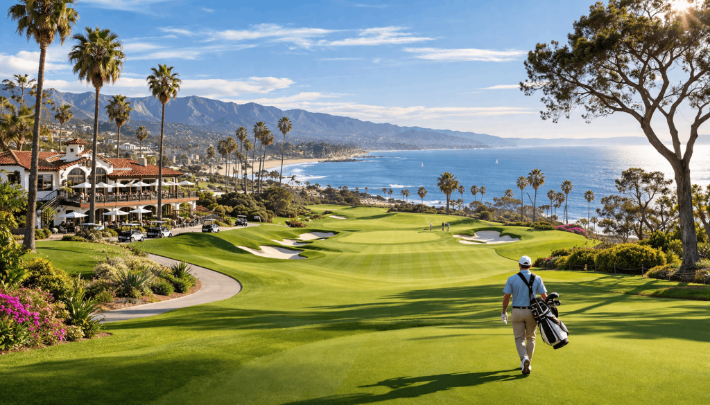 Golfer walking on luxury coastal golf course with clubhouse and ocean view