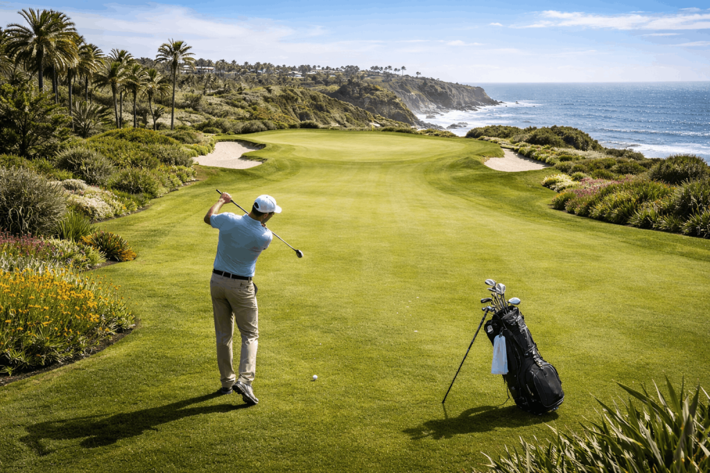Golfer taking a swing on a scenic oceanfront golf course