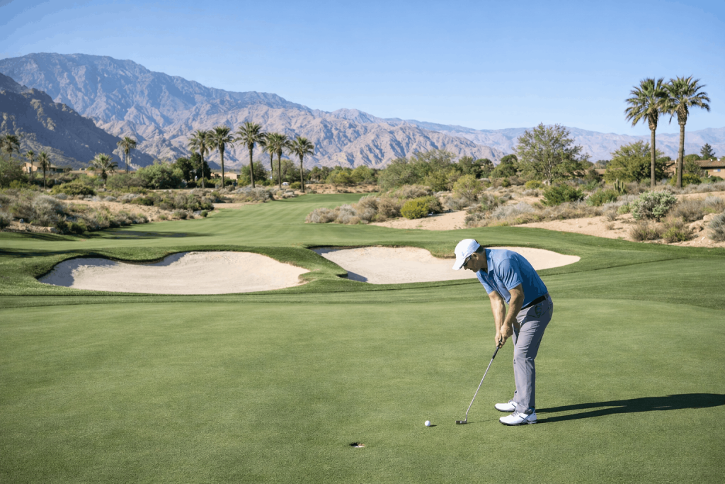 Golfer practicing a putt on a desert golf course with mountains in background