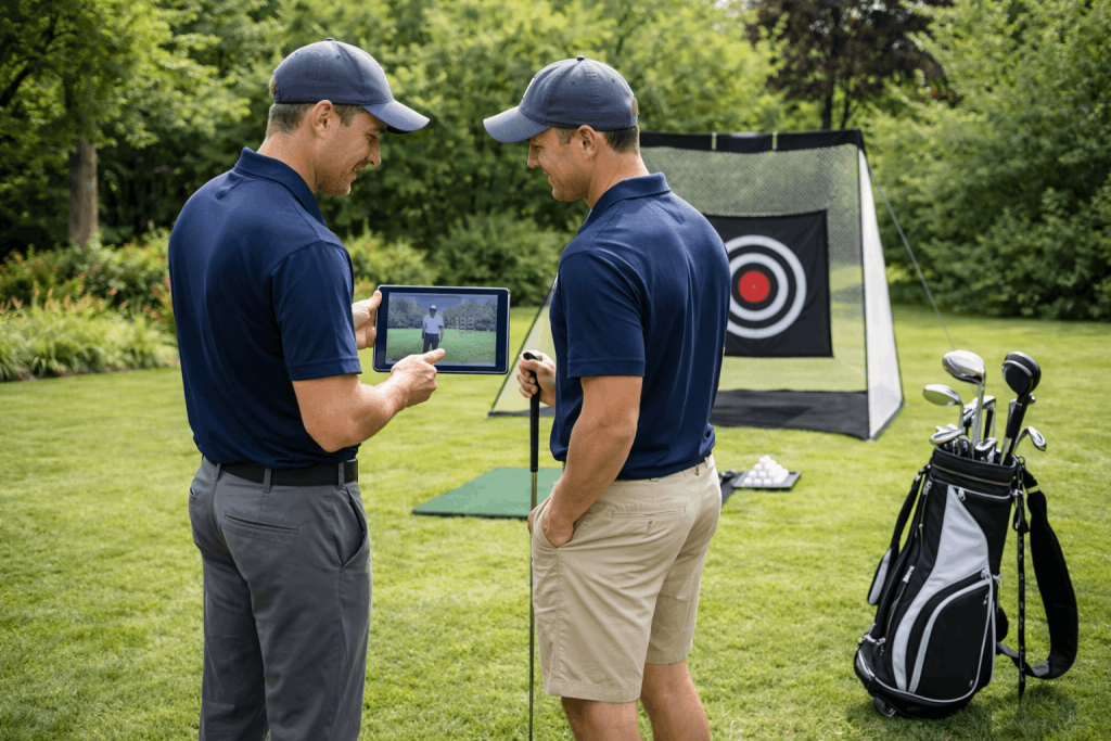Golf instructor reviewing swing analysis on tablet with student outdoors