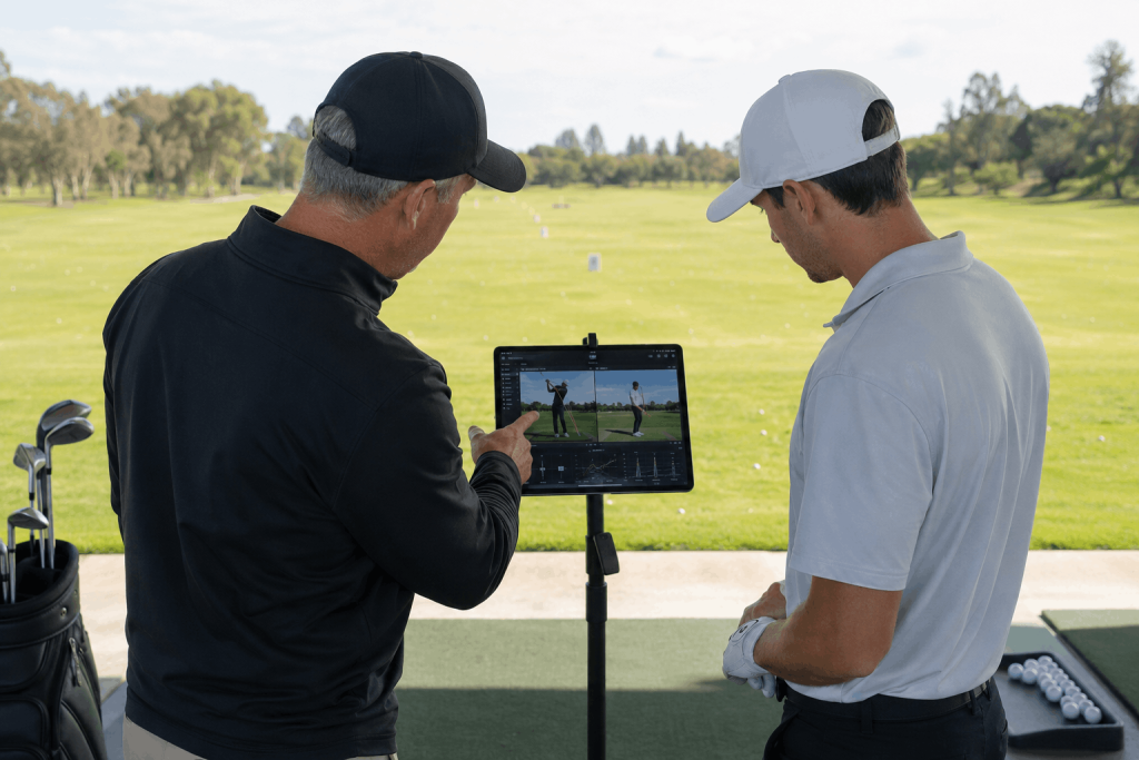 Golf coach reviewing swing analysis data with student at driving range
