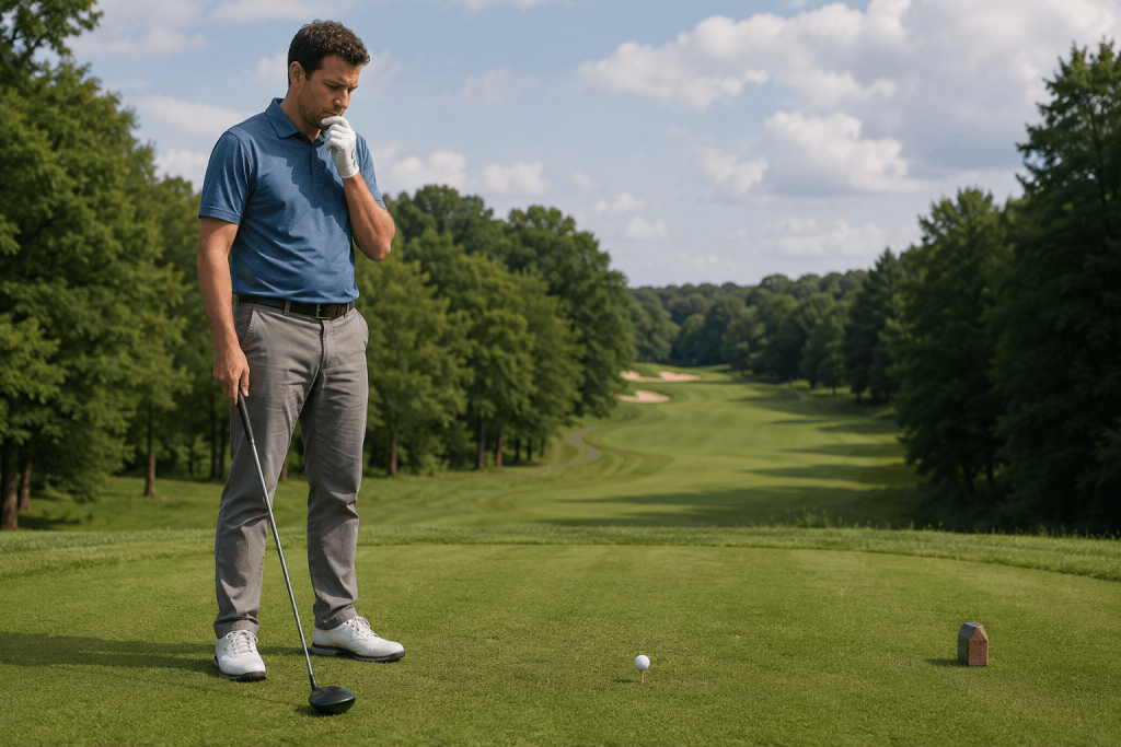 Golfer standing thoughtfully on tee box before taking a shot