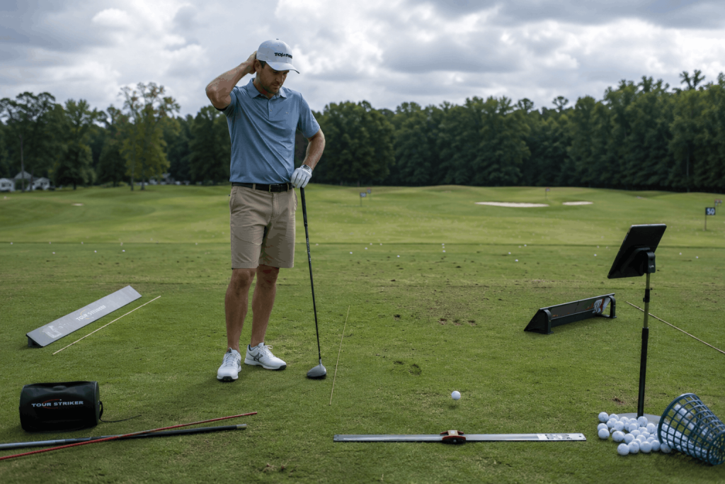 Golfer practicing with training aids on driving range