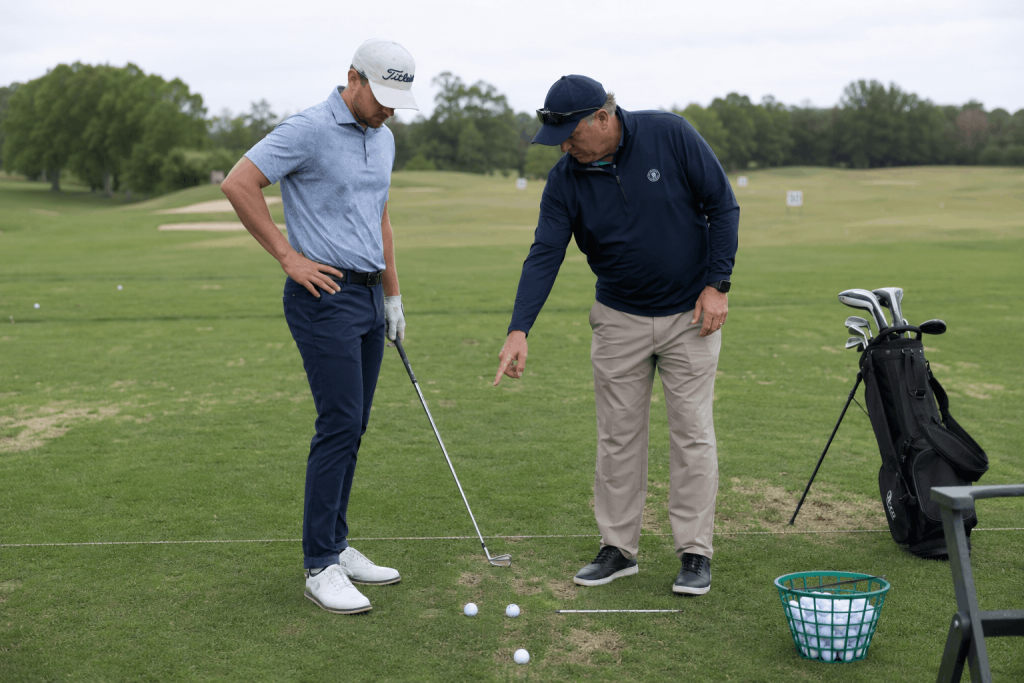 Golf instructor explaining ball position and setup fundamentals