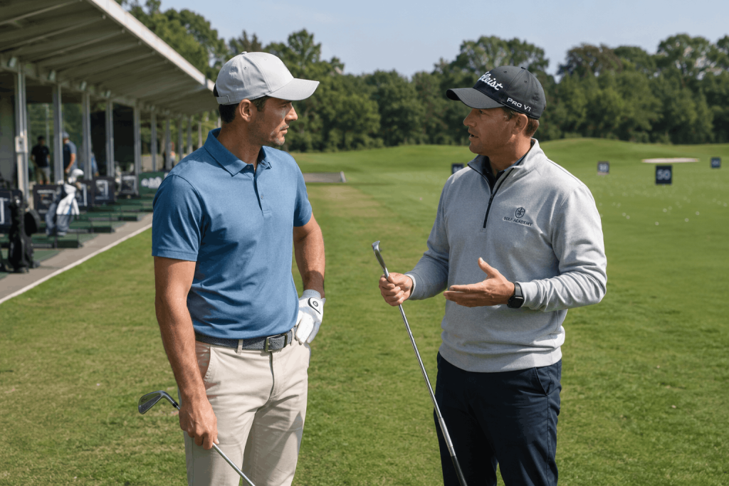 Golf instructor speaking with player at outdoor practice facility