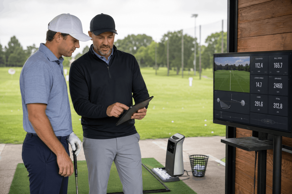 Golf instructor reviewing launch monitor data with student