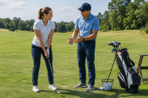Female golfer receiving beginner golf instruction on driving range