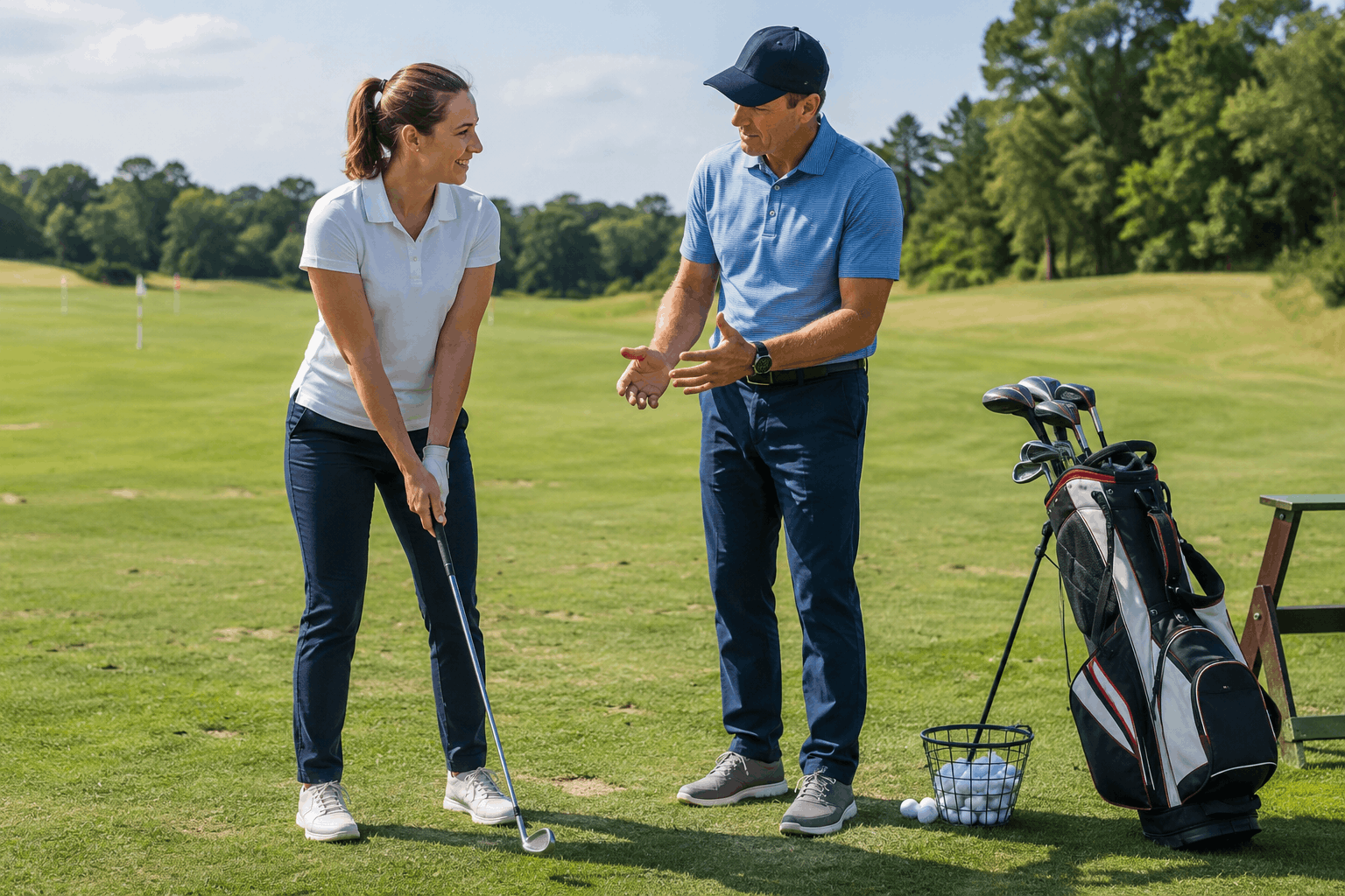 Female golfer receiving beginner golf instruction on driving range