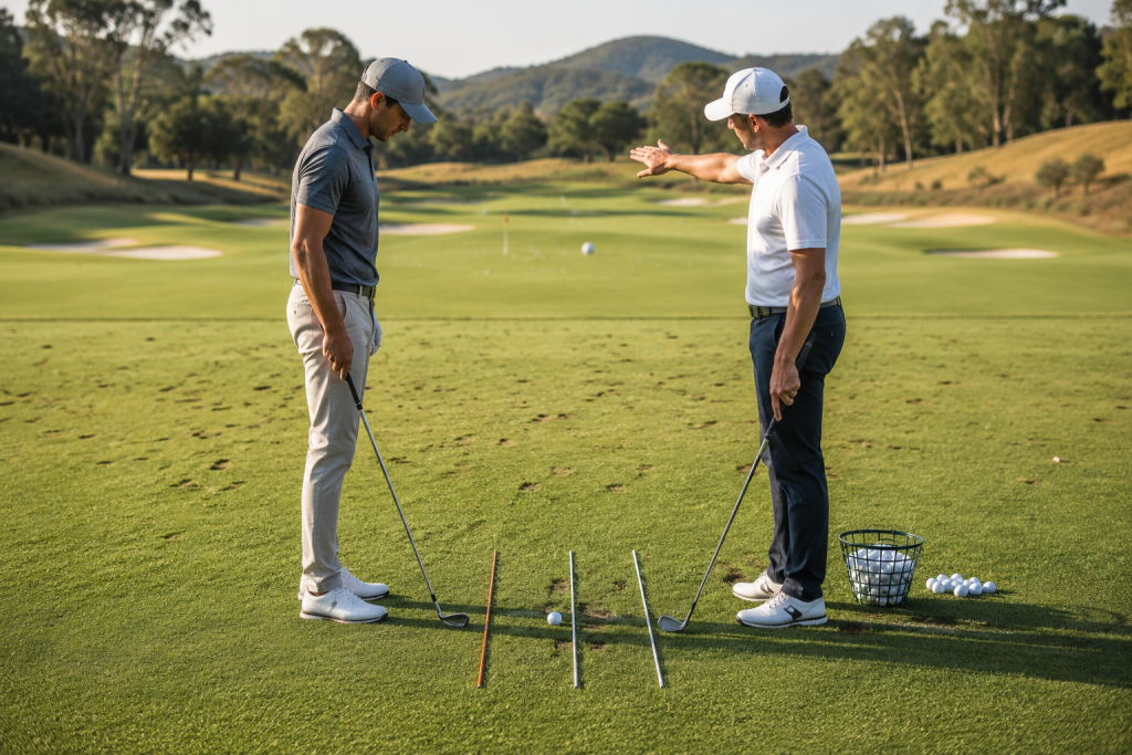 Golf instructor demonstrating alignment stick drill for swing path improvement