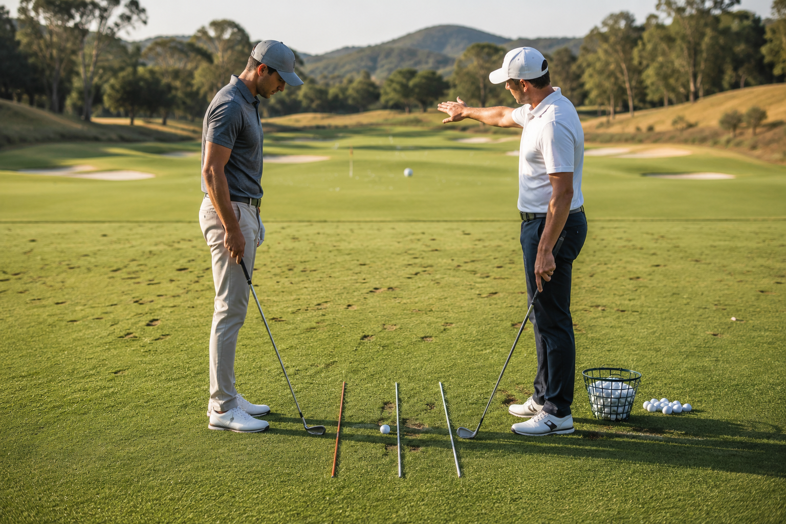 Golf instructor demonstrating alignment stick drill for swing path improvement