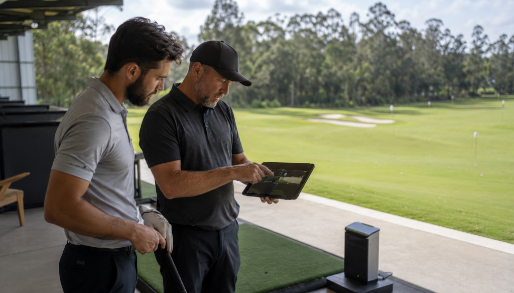 Golf instructor reviewing swing video and performance data on tablet