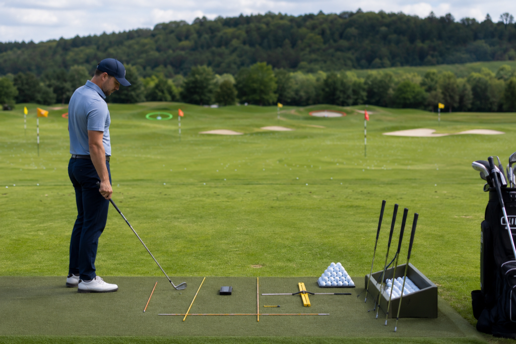 Golfer practicing with alignment sticks and training aids at driving range