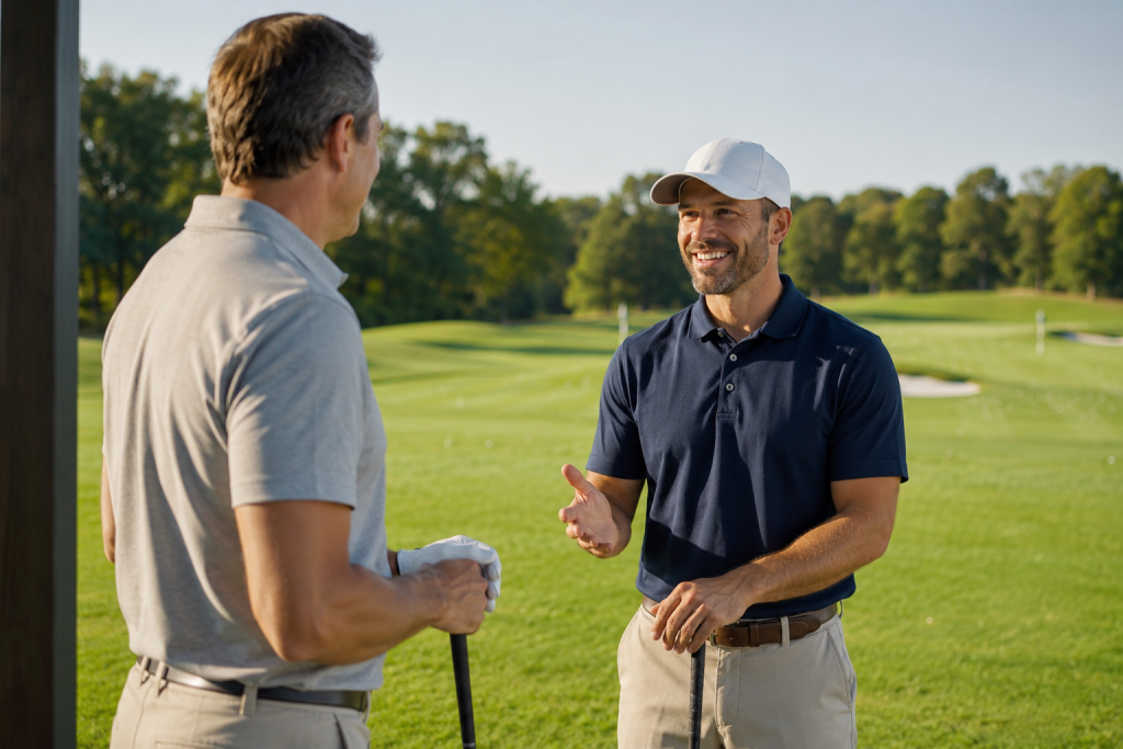 Golf instructor and student discussing improvement goals during lesson