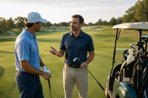 Golf instructor discussing shot strategy with student beside golf cart