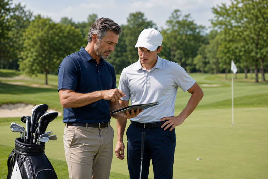 Golf coach reviewing swing mechanics with student using tablet on course