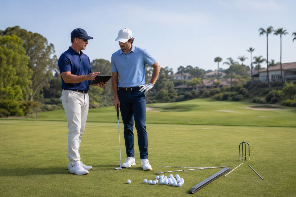 Golf instructor explaining practice drill setup to student on putting green