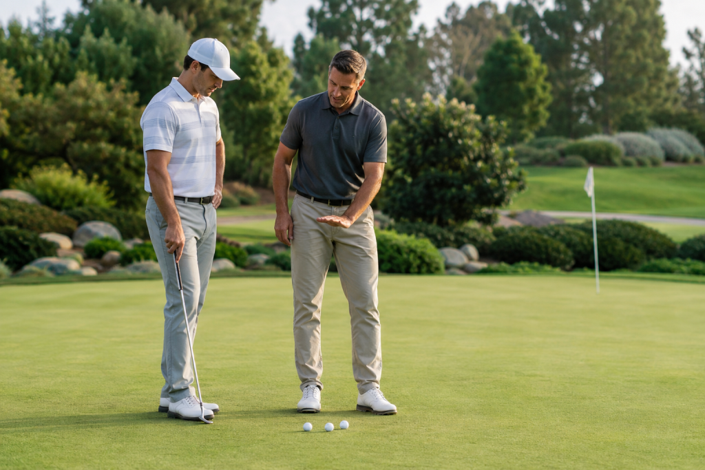 Golf instructor demonstrating putting fundamentals to student on practice green