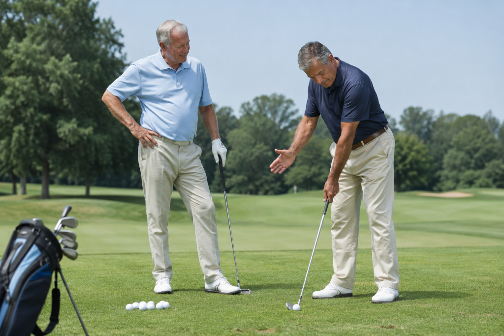 Golf instructor teaching swing fundamentals to senior golfer on course